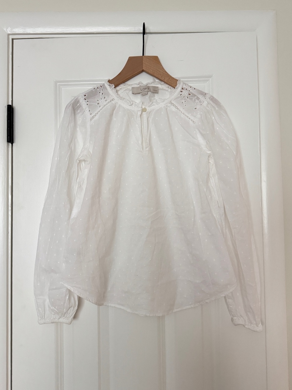 LOFT White Eyelet Yoke Swiss Dot Peasant Blouse 100% Cotton XXSP
